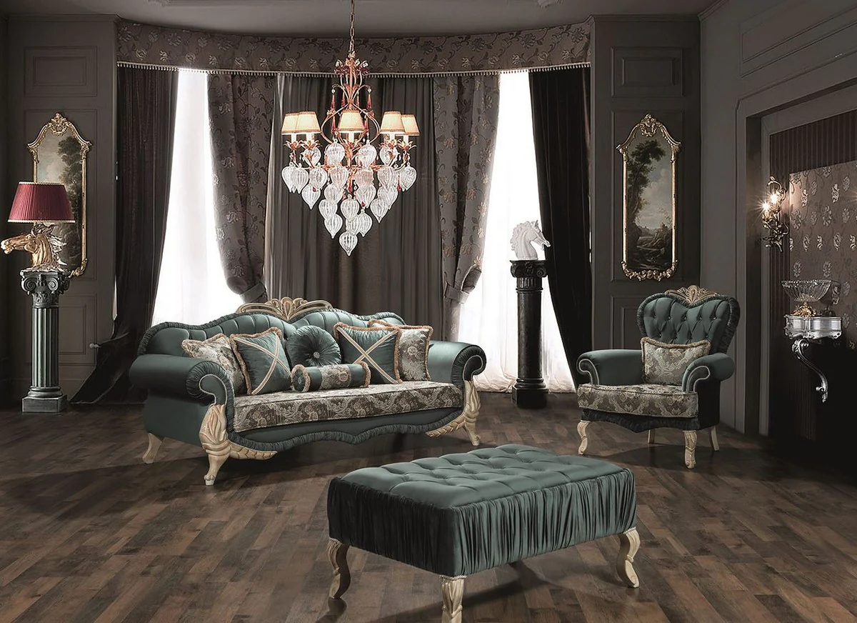 Luxury baroque living room sofa with rhinestones and decorative cushions green / cream / beige 220 x 85 x H. 100 cm - furniture in the baroque style