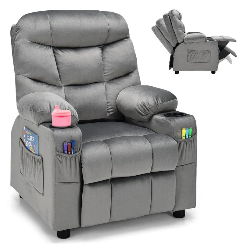 Kids Recliner Chair Adjustable Velvet Lounge Sofa with Cup Holders, 3 Pockets, Retractable Footrest, Toddler Furniture Sofa for Boys Girls Room