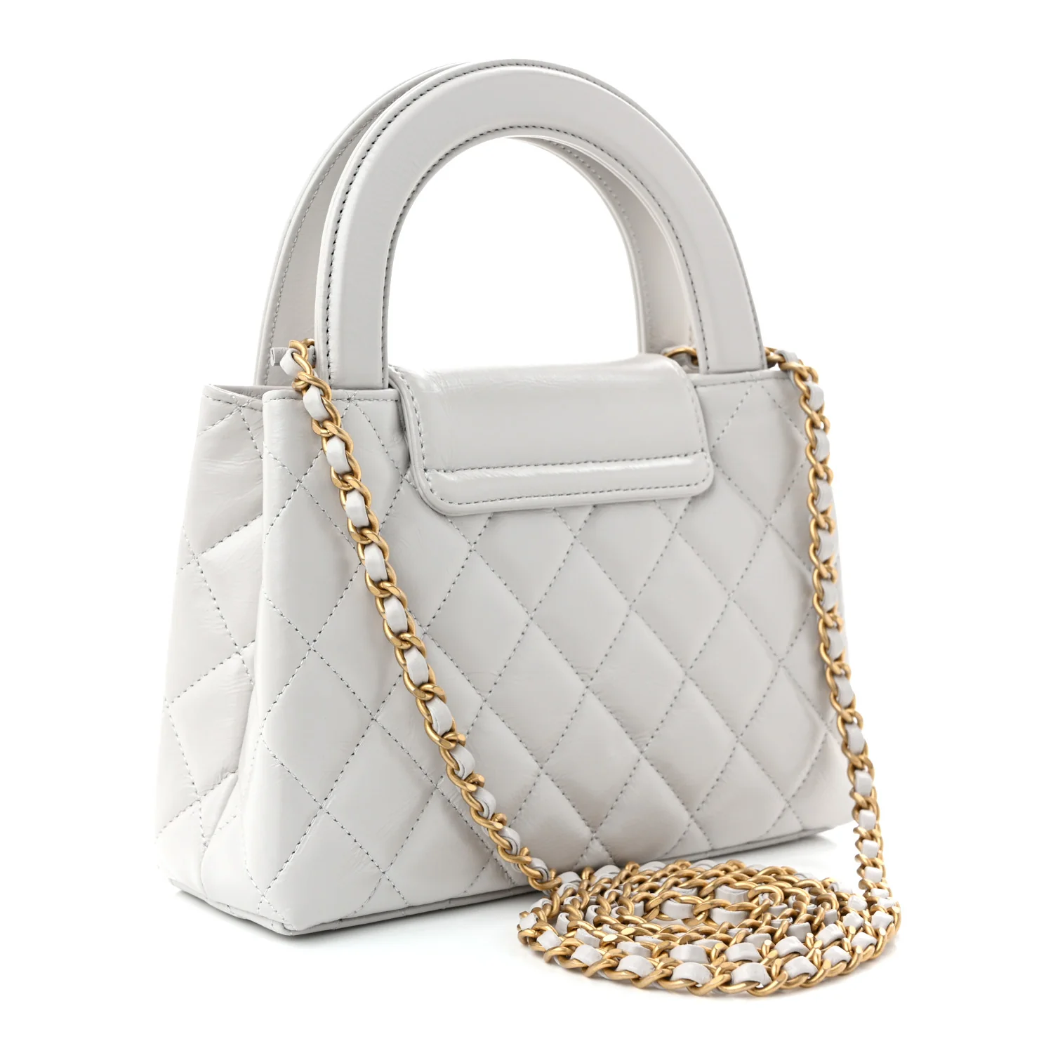 Shiny Aged Calfskin Quilted Nano Kelly Shopper Light Grey - Top Club