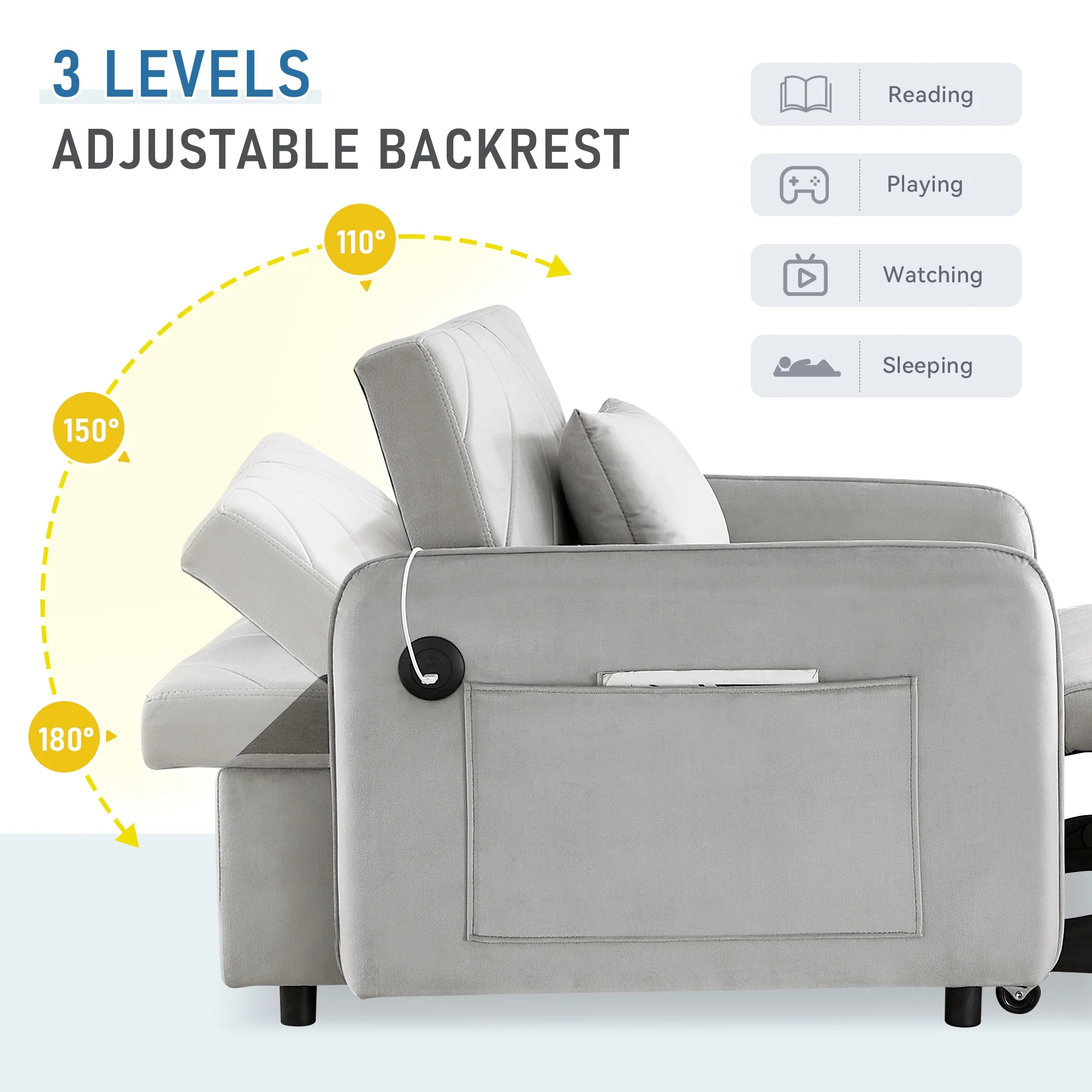 Lunale 3 - in - 1 Convertible Sleeper Chair Bed, Indoor Lounge Chair with USB/Type - C Charging Ports, Modern Recliner Sofa for Living Room, Gray Velvet