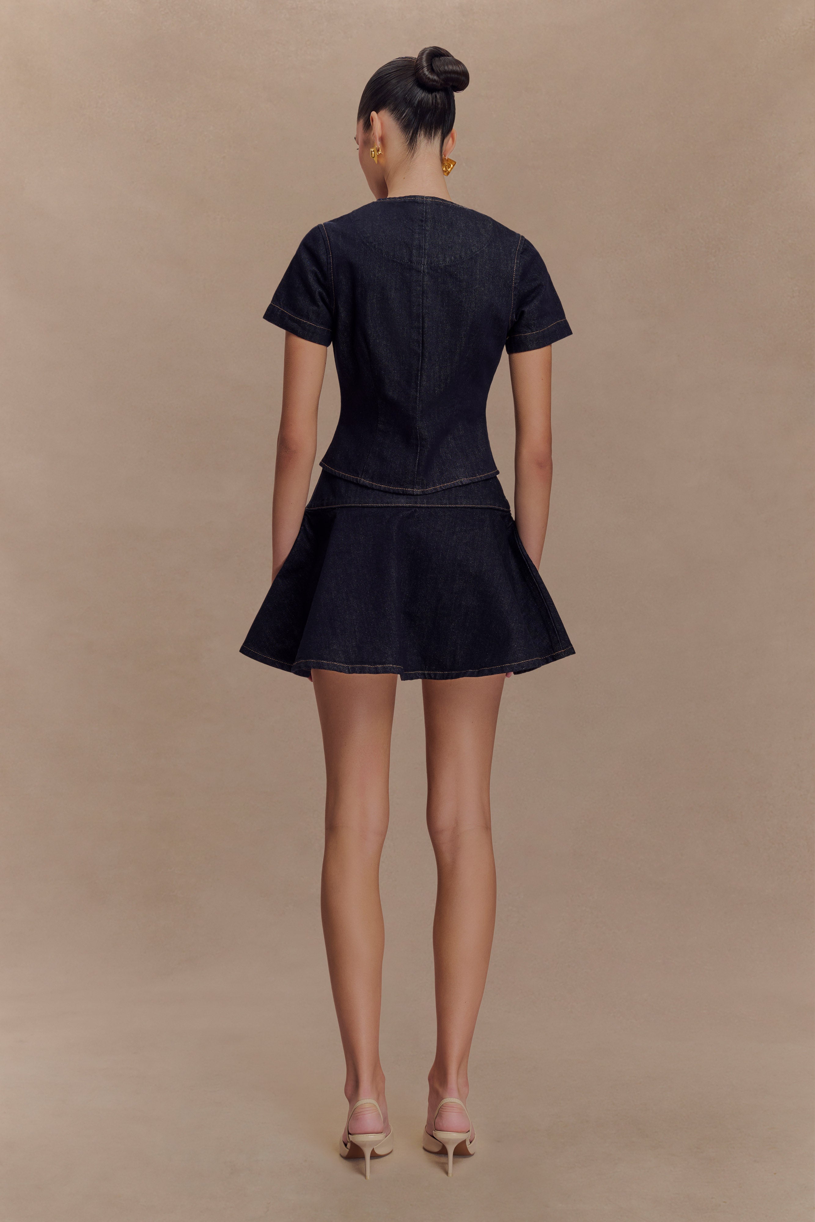Bethany Short Sleeve Buttoned Denim Top - Washed Indigo Blue