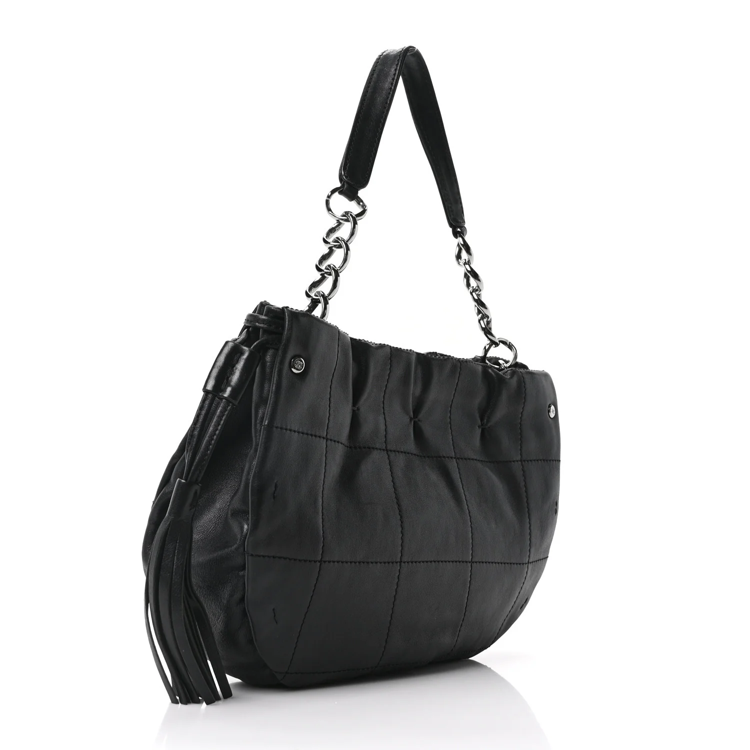 Lambskin Stitched Chocolate Bar Chain Fringe Hobo Black - Top Club