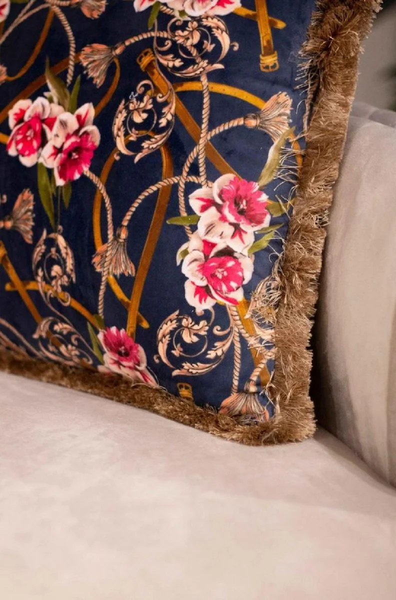 Luxury decorative cushion baroque flowers design blue / multicolored / brown 45 x 45 cm - printed velvet cushion with fringes - decorative accessories