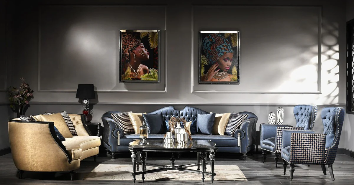 Luxury Baroque living room set blue / gold / black - 2 sofas & 2 armchairs & 1 coffee table & 2 side tables - Baroque furniture - noble & magnificent