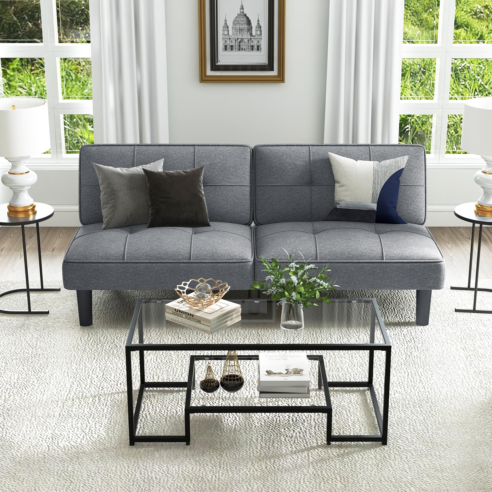 BEFOUNDLOVELY Convertible Futon Sofa Bed, Upholstered Folding Linen Sleeper Couch with 6-Position Adjustable Backrest