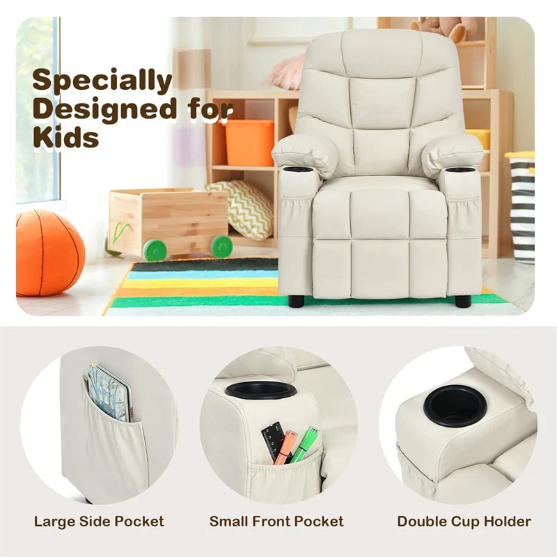 Kids Recliner Chair PU Leather Adjustable Lounge Sofa with Cup Holder, 3 Pockets & Retractable Footrest, Ergonomic Toddler Furniture Sofa