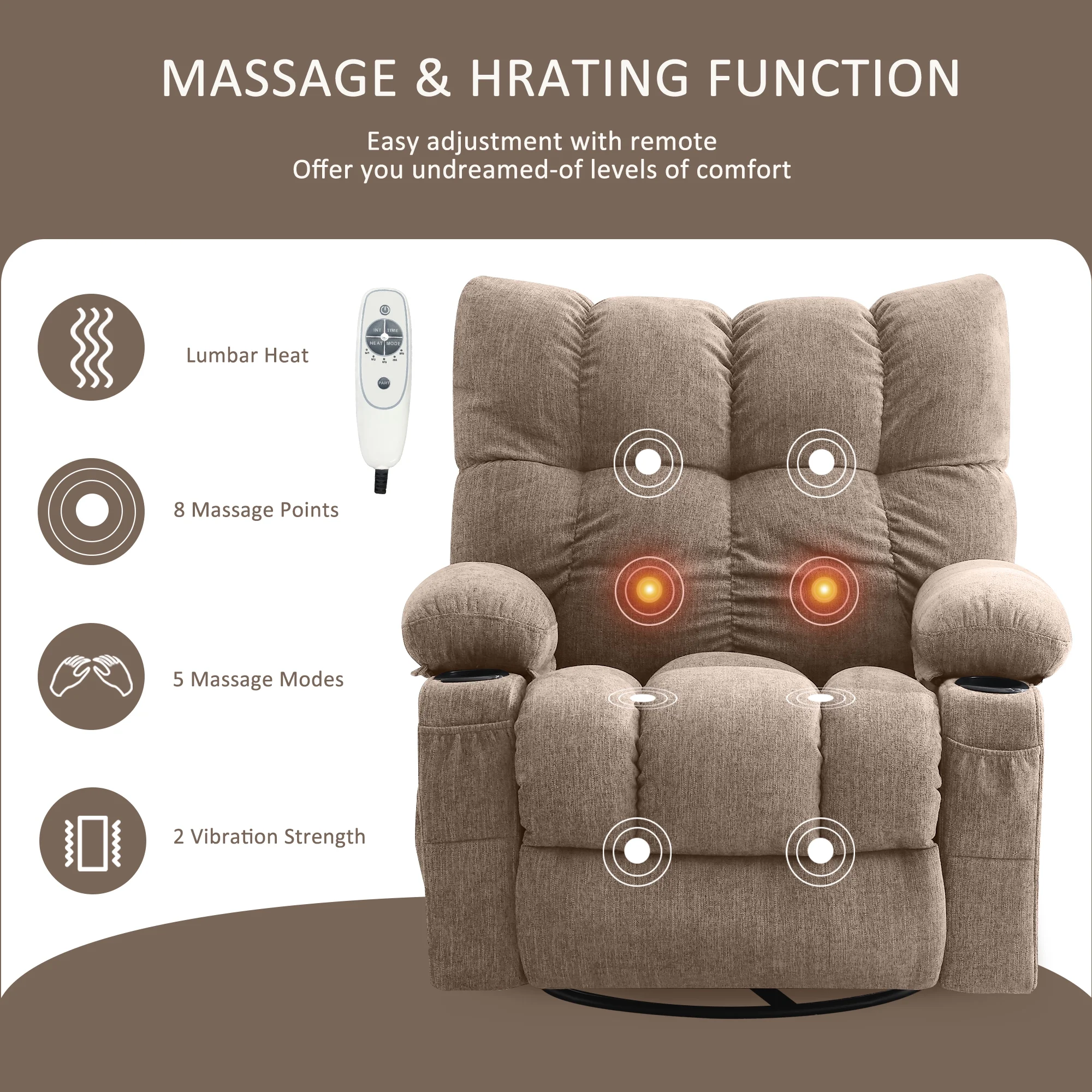 JONPONY Manual Recliner Chair with Heat Therapy and Massage Function, Heavy Duty Reclining Mechanism Massage Chair, Elderly Single Rocker Sofa with Cup Holders for Bedroom Home Theater, Grey