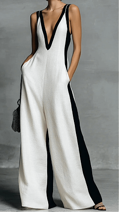 Women's Fashion Black and White Cotton Linen Color Block Thin Strap Jumpsuit - Nordfashionstorm - Women's Clothing, Fashion for You - Nordfashionstorm.com