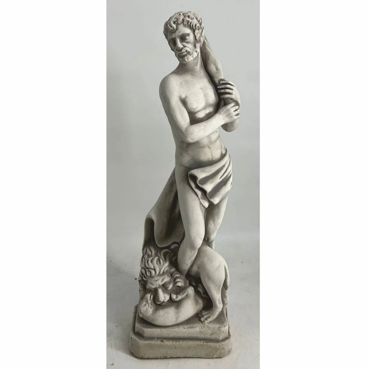 Art Nouveau Garden Decoration Concrete Sculpture Man and Lion Gray H. 63 cm