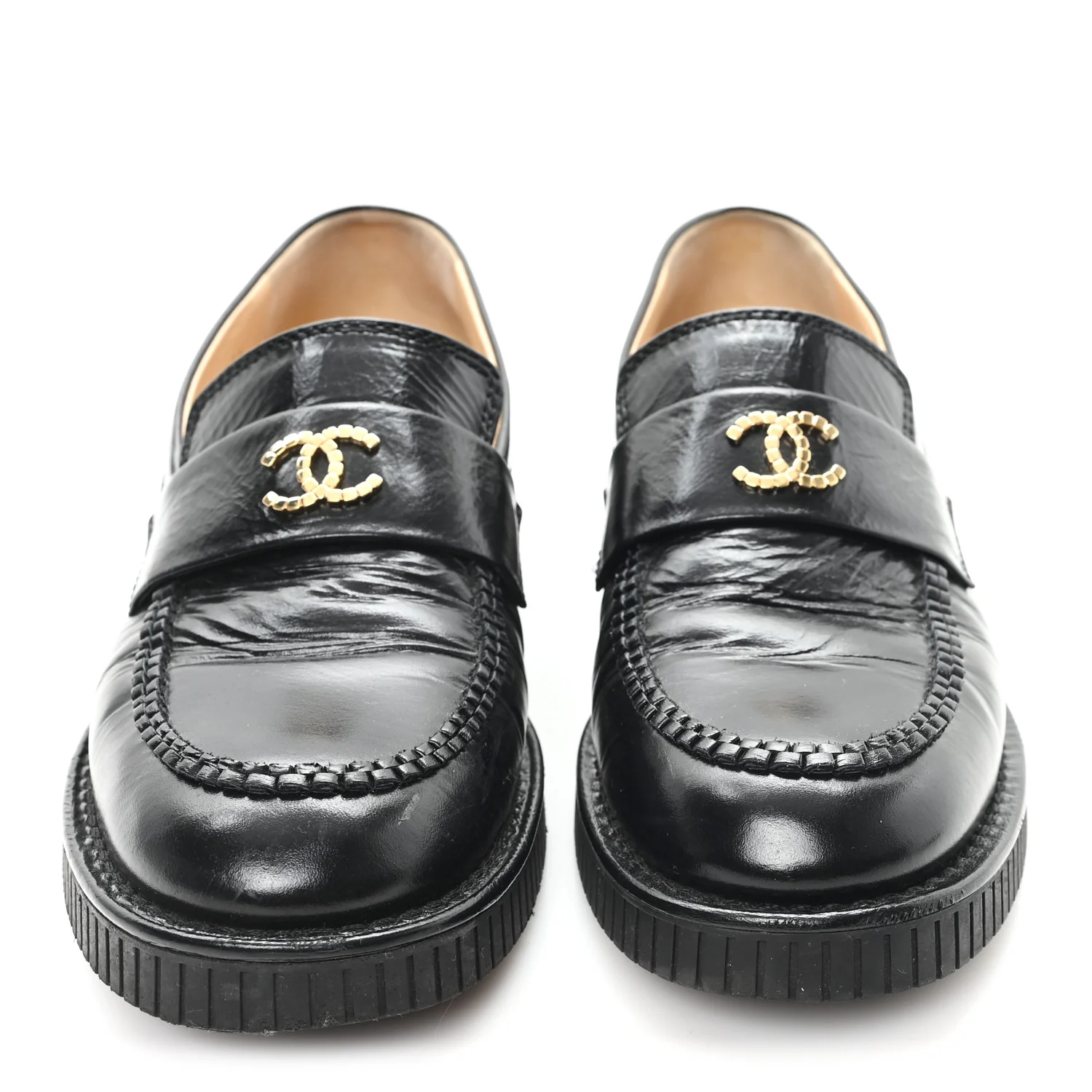 Shiny Crumpled Calfskin CC Mocassin Loafers 38.5 Black - Top Club