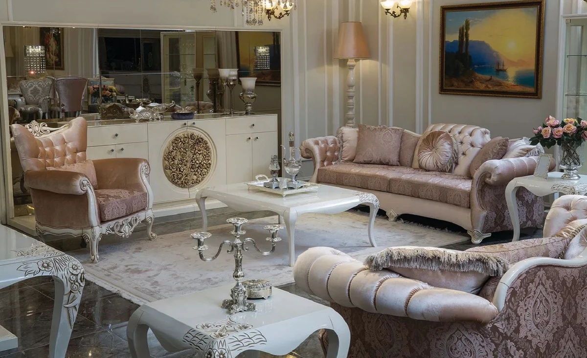 Luxury baroque living room sofa pink / purple / white / beige 265 x 97 x H. 84 cm - solid wood sofa with elegant pattern and decorative pillows - living room furniture in baroque style