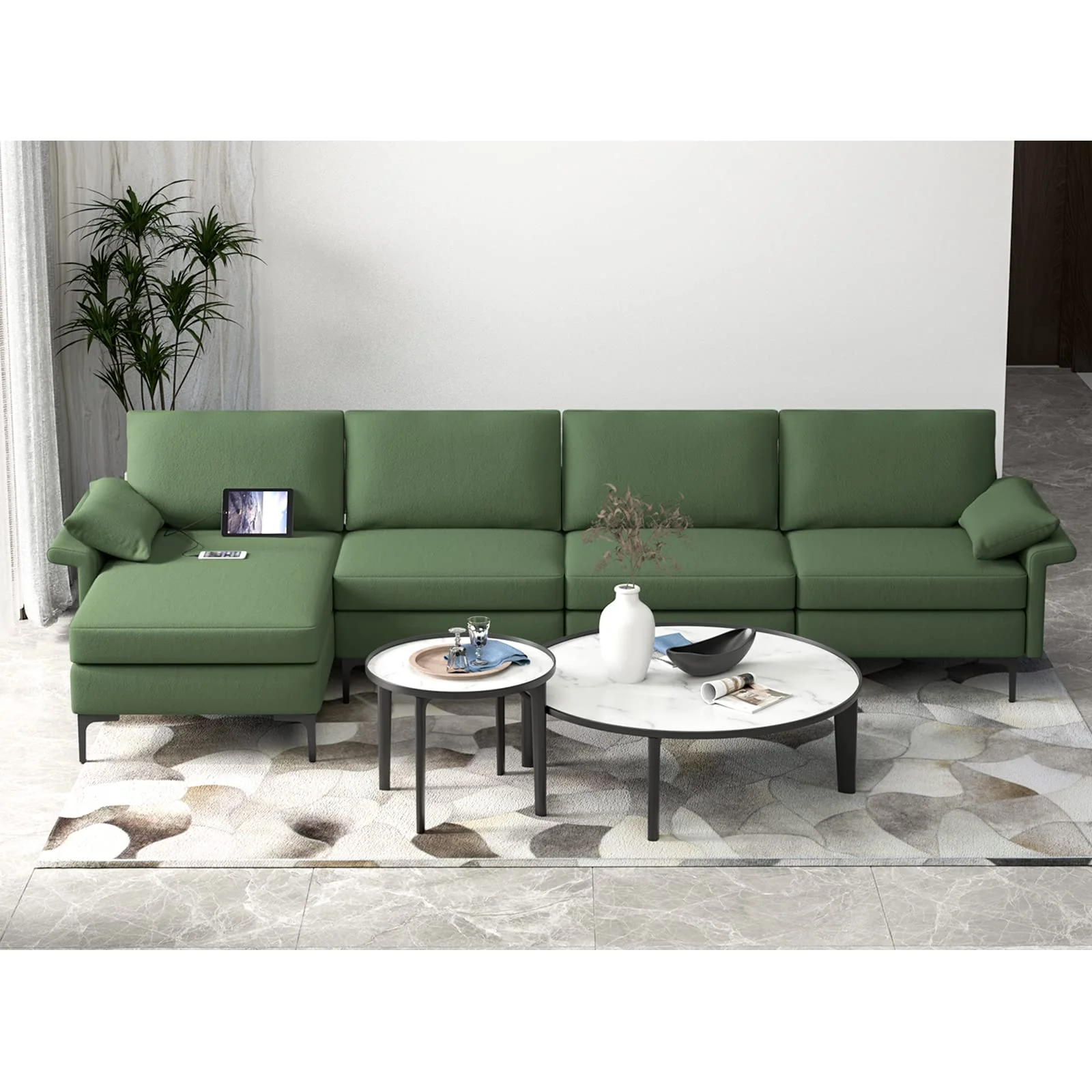 BEFOUNDLOVELY 130.5 Inch Extra Large Convertible Sectional Sofa with Reversible Chaise Lounge, 3-Hole Outlets & 4 USB Ports