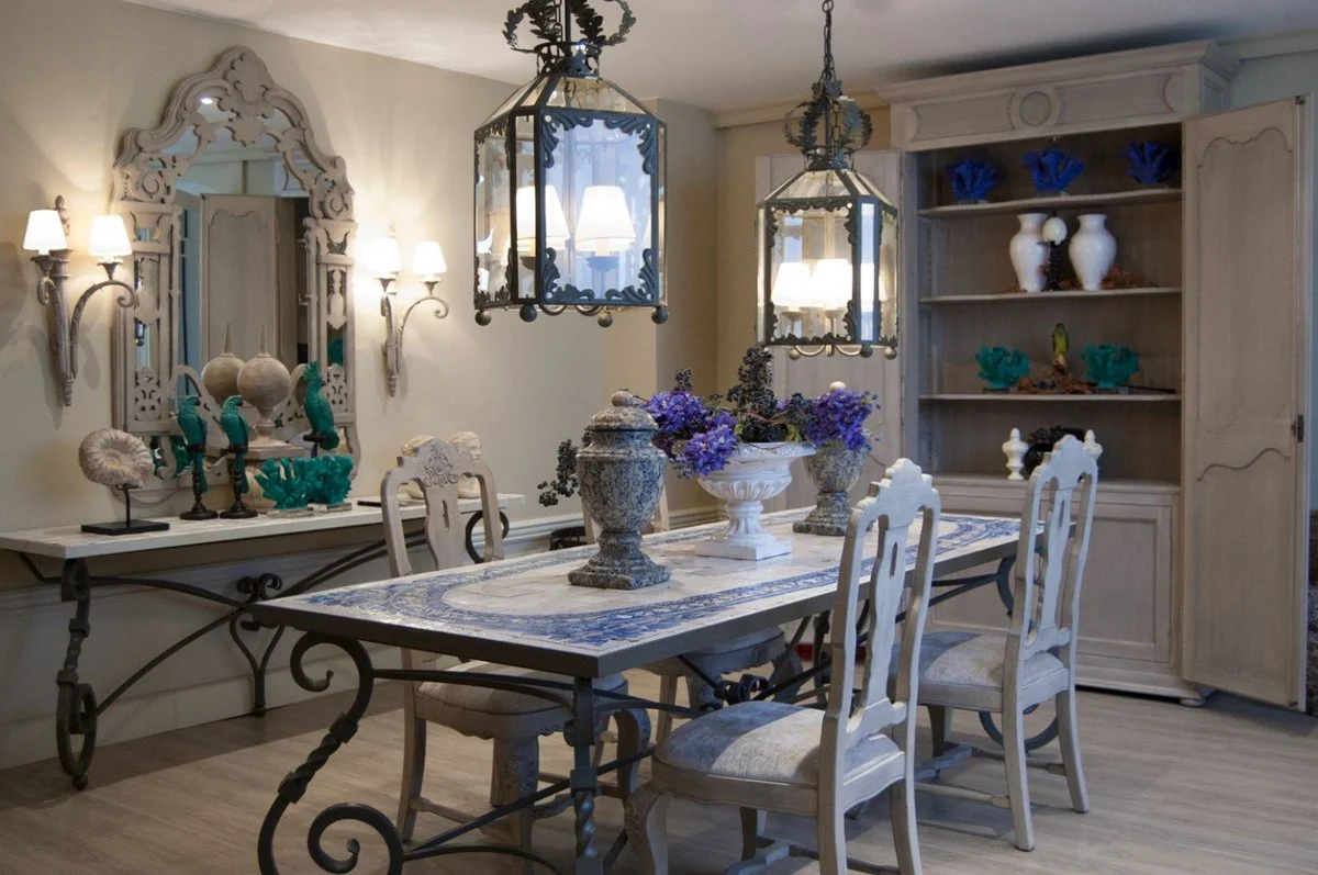 Luxury Baroque Dining Table - Handcrafted Wrought Iron Kitchen Table with Natural Stone Mosaic Tiles Table Top - Garden Table - Patio Table - Dining Room Garden Patio Furniture