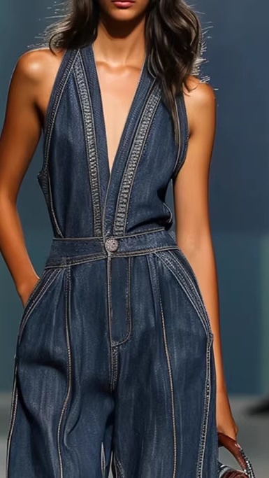 Women's V-neck casual retro sleeveless wide-leg denim jumpsuit - Nordfashionstorm - Women's Clothing, Fashion for You - Nordfashionstorm.com