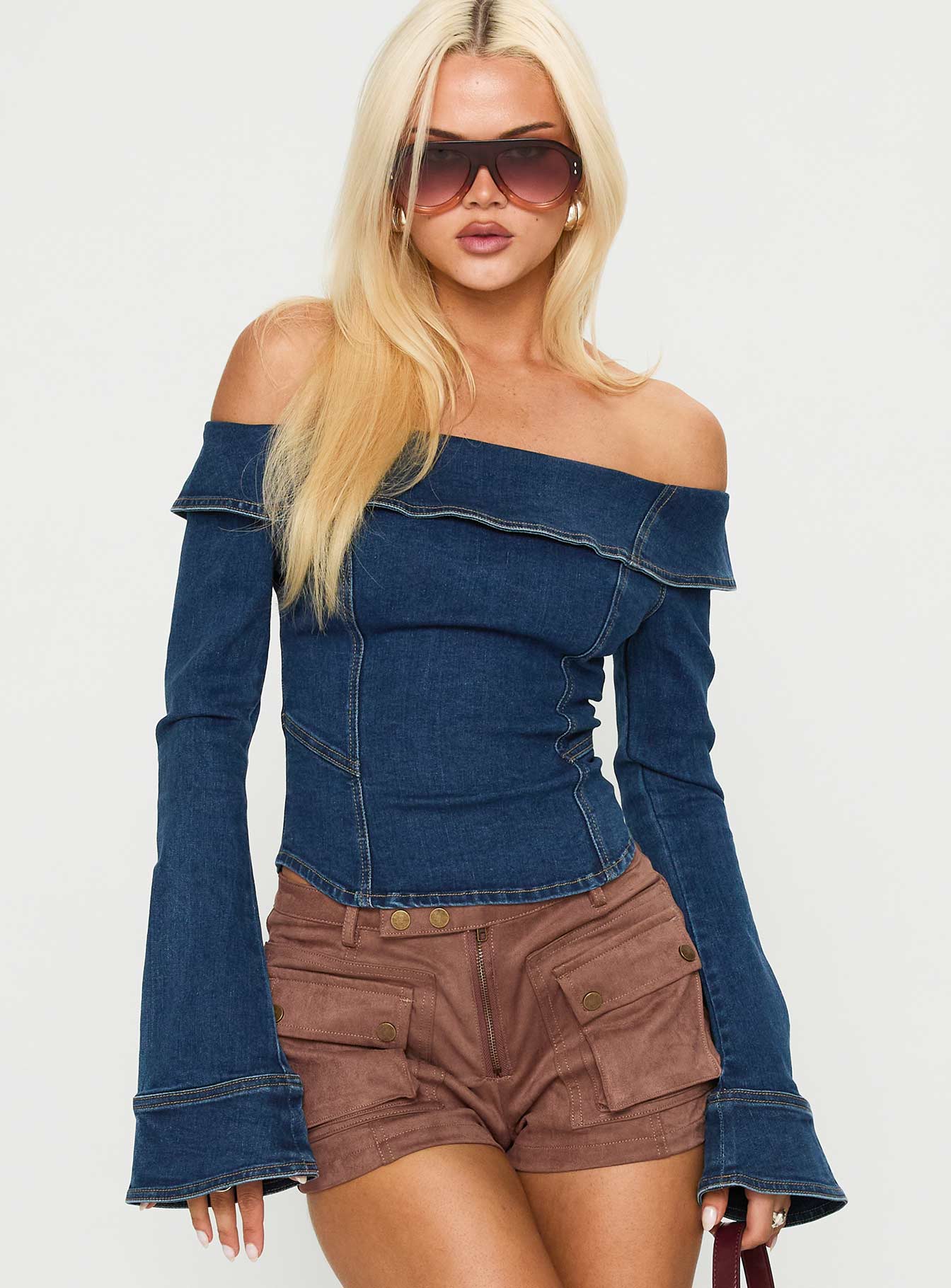 In The Crowd Off Shoulder Top Dark Denim
