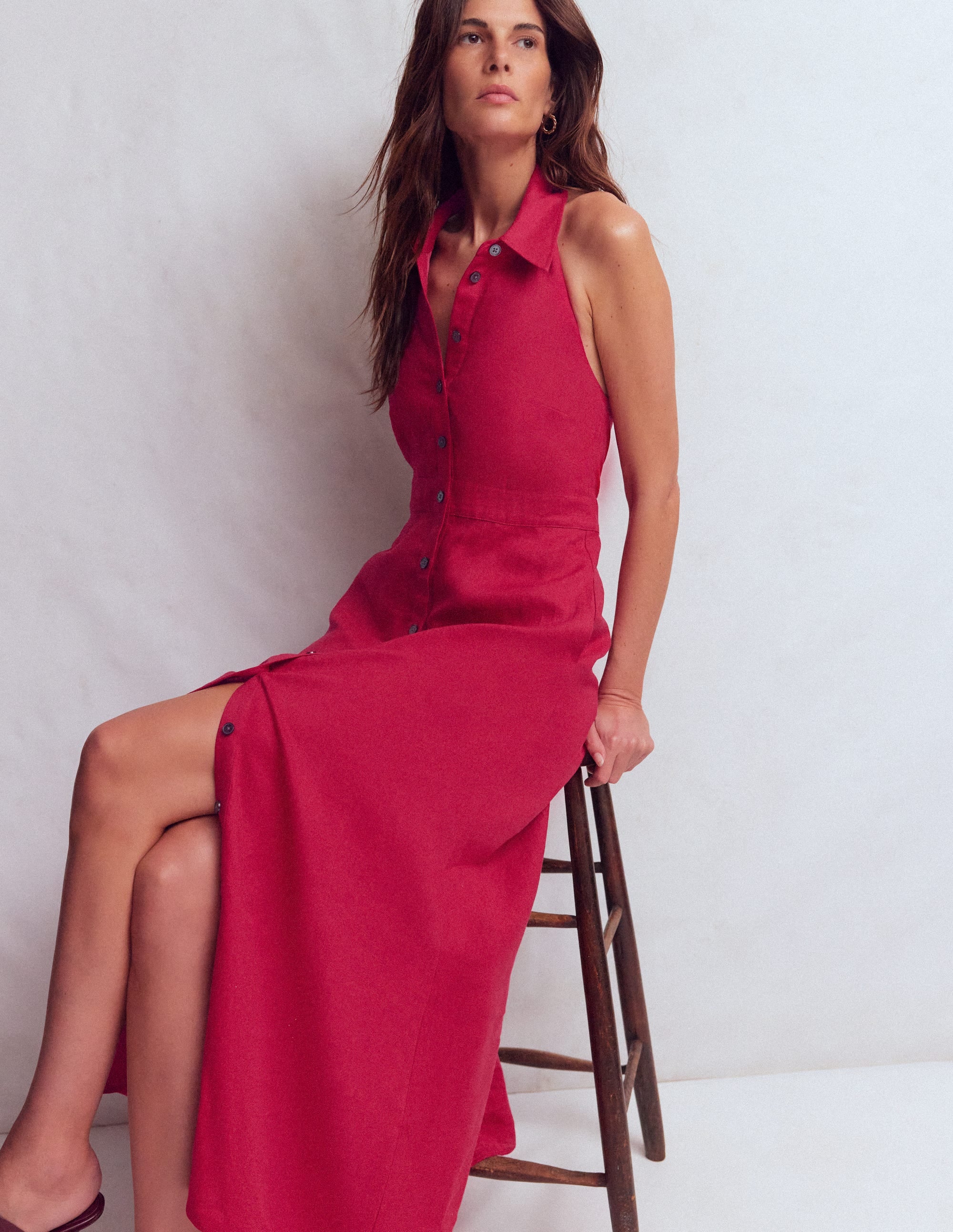 Neckholder-Leinenkleid mit Kragen-Granatapfel