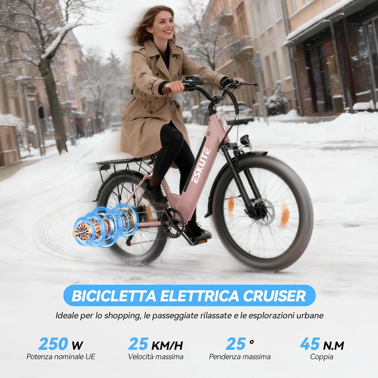 ESKUTE C100 Plus Bici Elettrica, 26 Pollici Bicicletta Elettrica, Motore 250W, Batteria Rimovibile 36V 13Ah, Velocità Massima di 25 km/h, 7 Velocità, Display LCD, E-bike per Adulti