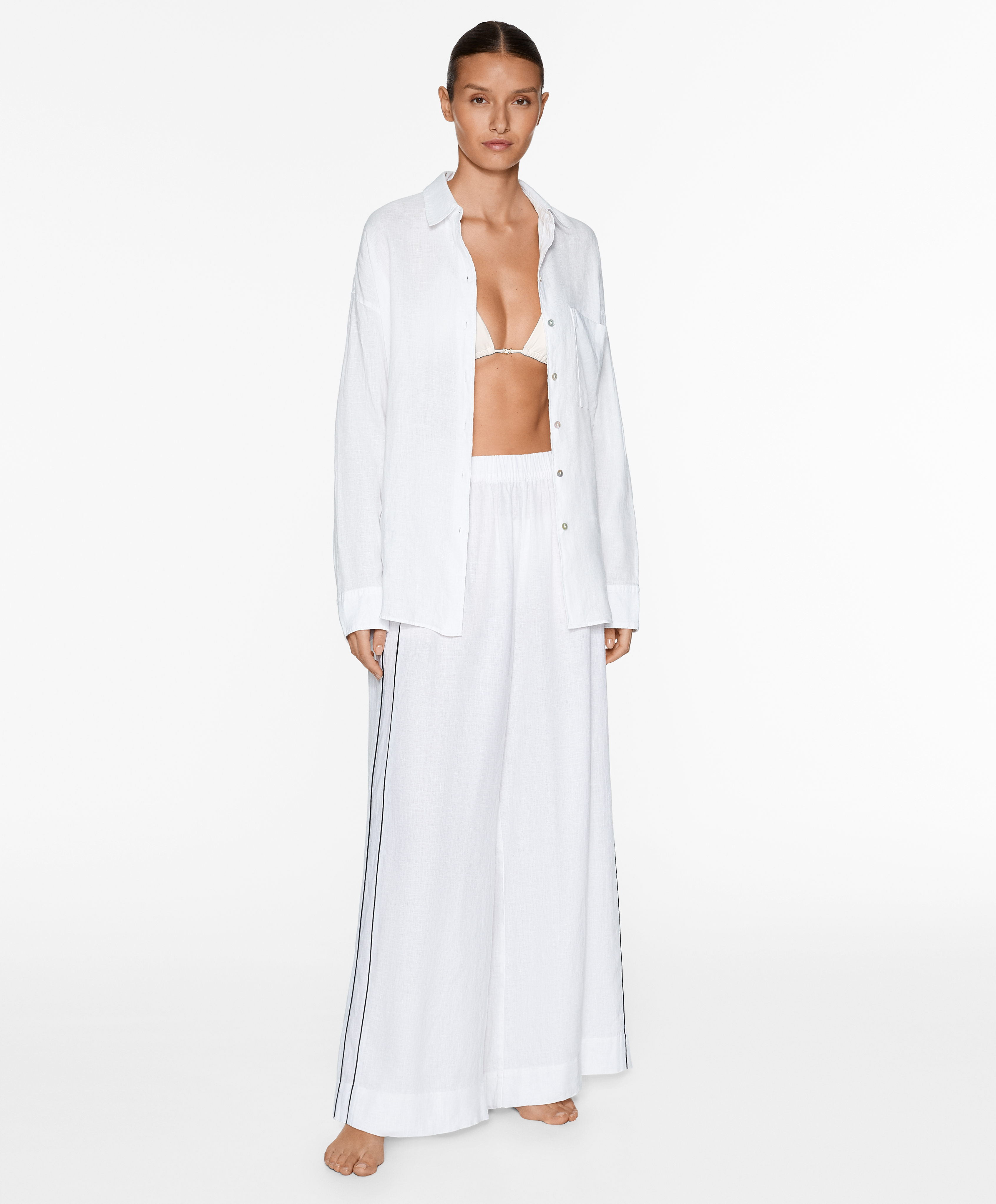 OYSHO 100% linen wide straight-leg trousers with piping