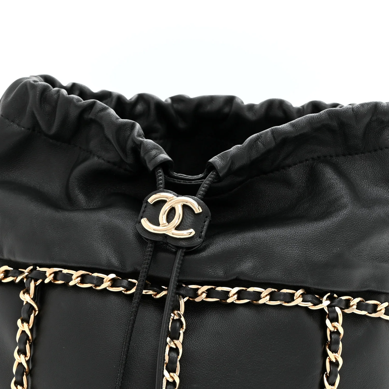 Lambskin Bucket Chain Drawstring Bag Black - Top Club