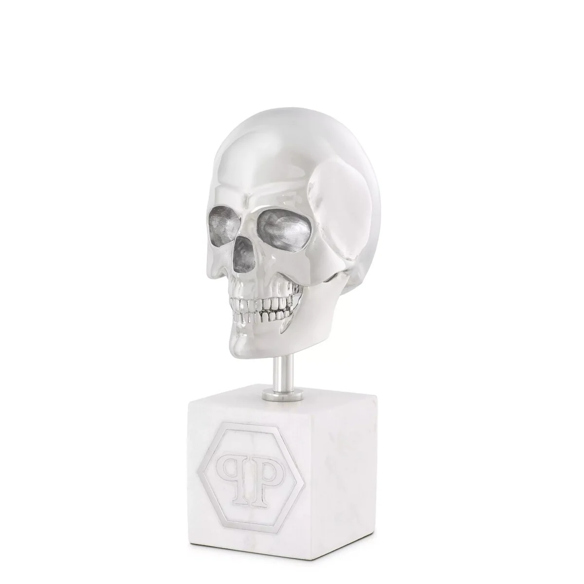Philipp Plein luxury designer decorative skull platinum / white H. 20cm - skull sculpture made of marble base