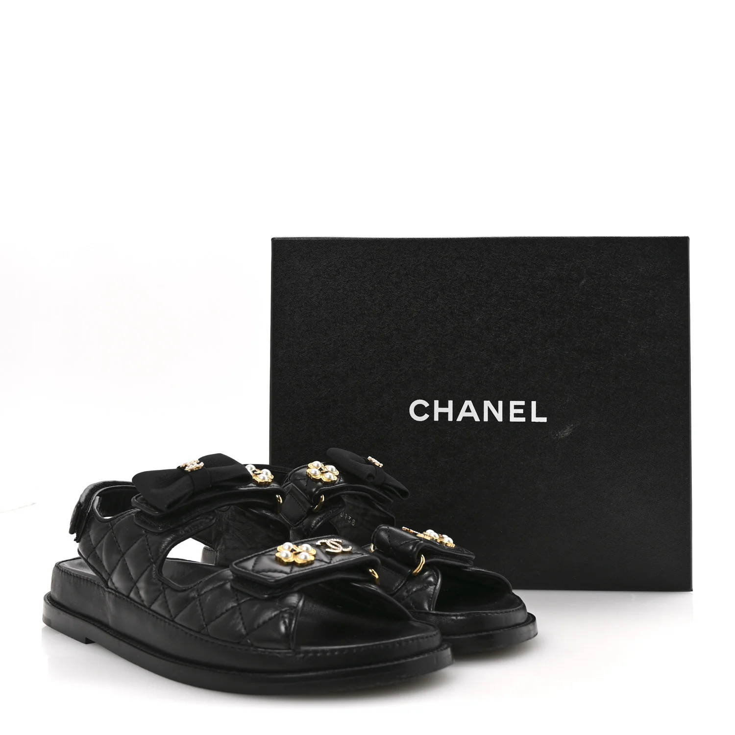 Lambskin Velcro CC Pearl Bow Dad Sandals 38 Black - Top Club