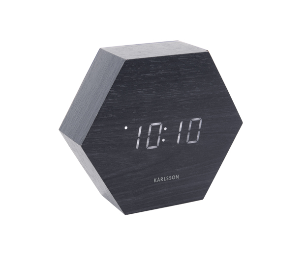 Alarm clock Hexagon black veneer, white LED