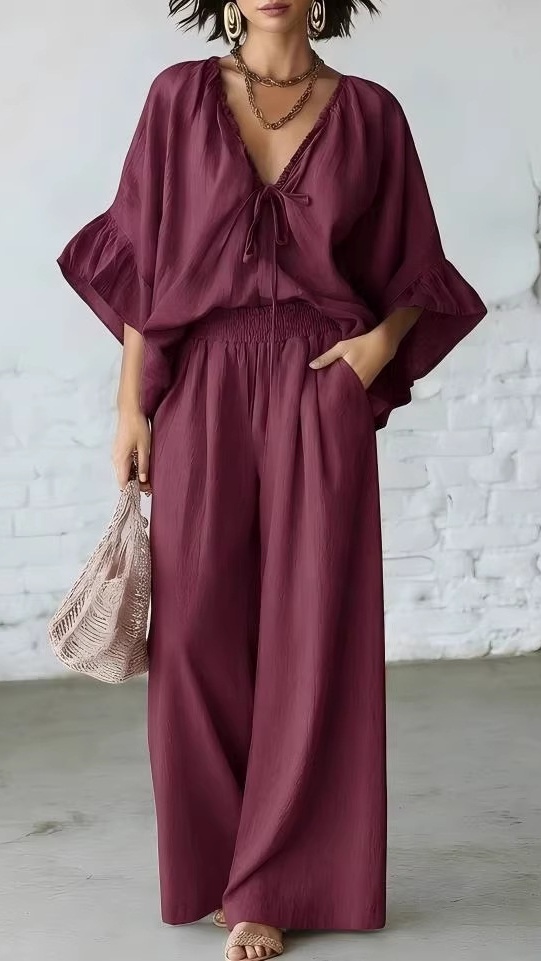 Women's Casual Vacation Two-Piece Set: Loose-Fit Cotton-Linen V-Neck Top and Wide-Leg Pants - Nordfashionstorm - Women's Clothing, Fashion for You - Nordfashionstorm.com