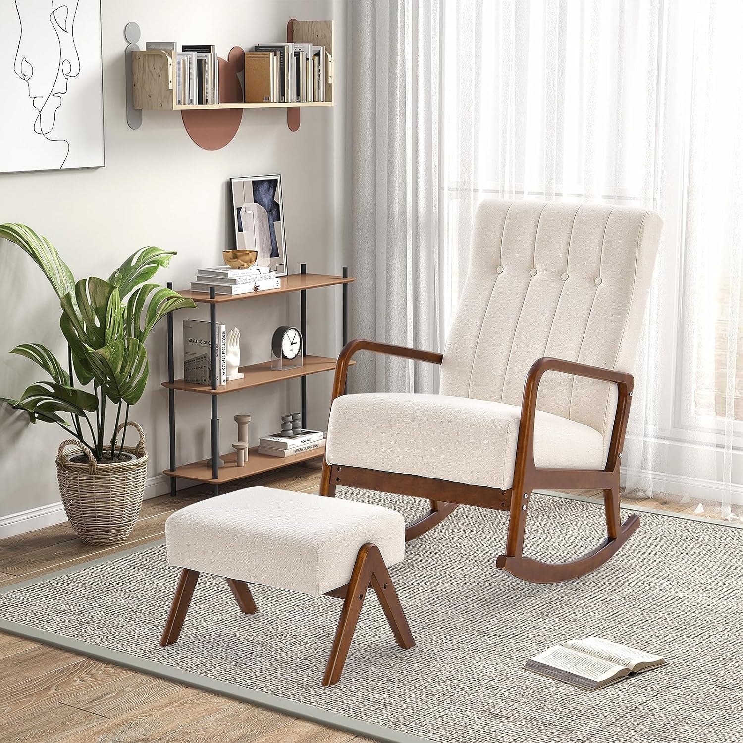 BEFOUNDLOVELY Nursery Rocking Chair with Ottoman, Upholstered Rocker Chair with Side Pocket