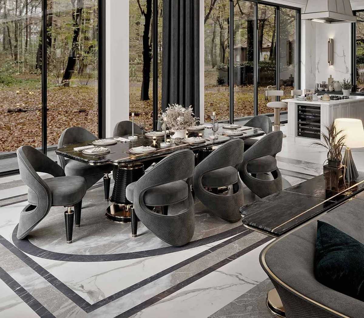Luxury dining table black / gold 250 x 112 x H. 77 cm - Dining room table with artificial marble table top - Dining room furniture - Luxury furniture - Luxury furnishings