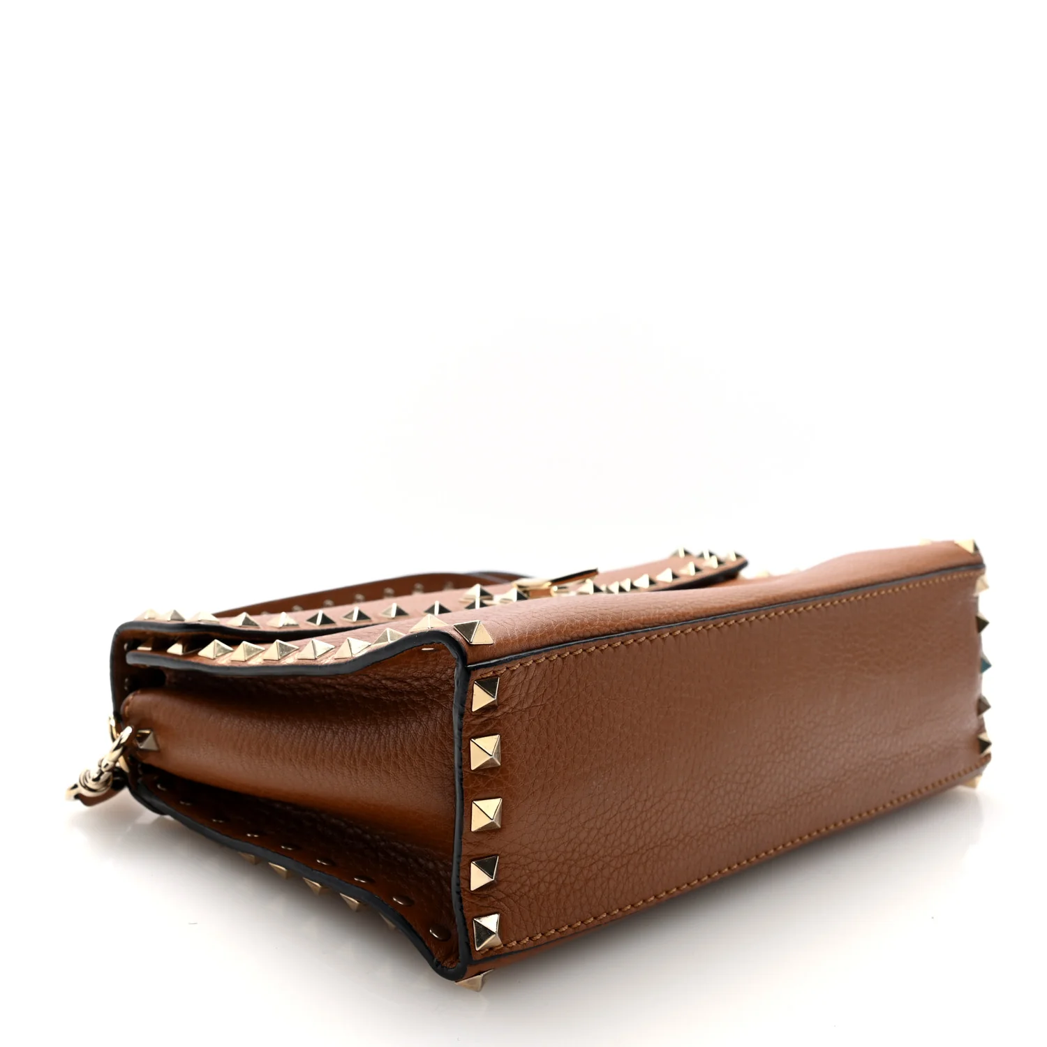 Pebbled Calfskin Rockstud Flip Lock Top Handle Bag Cognac - Top Club