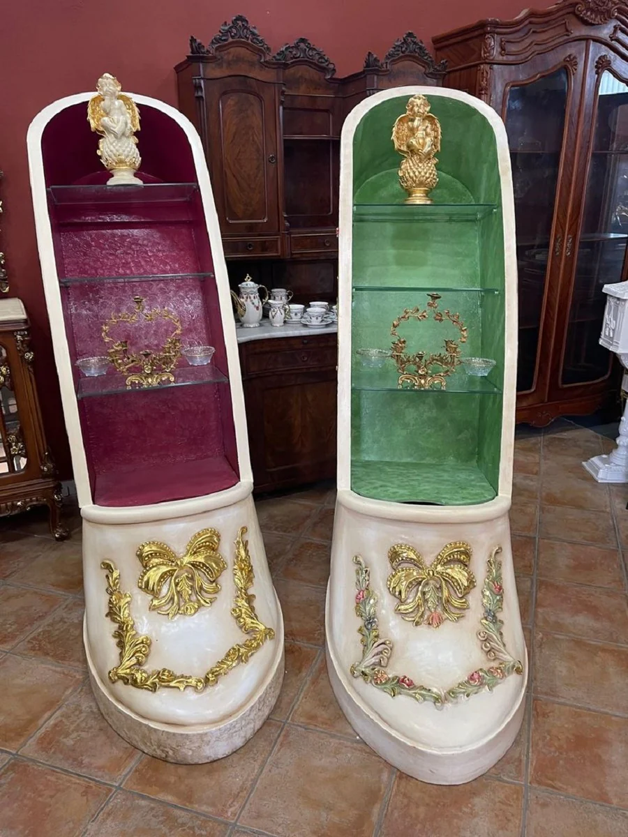 Luxury Baroque High Heel Display Cabinet Green / Cream / Gold - Handcrafted Solid Wood Women's Shoe Display Cabinet - Magnificent Baroque Furniture