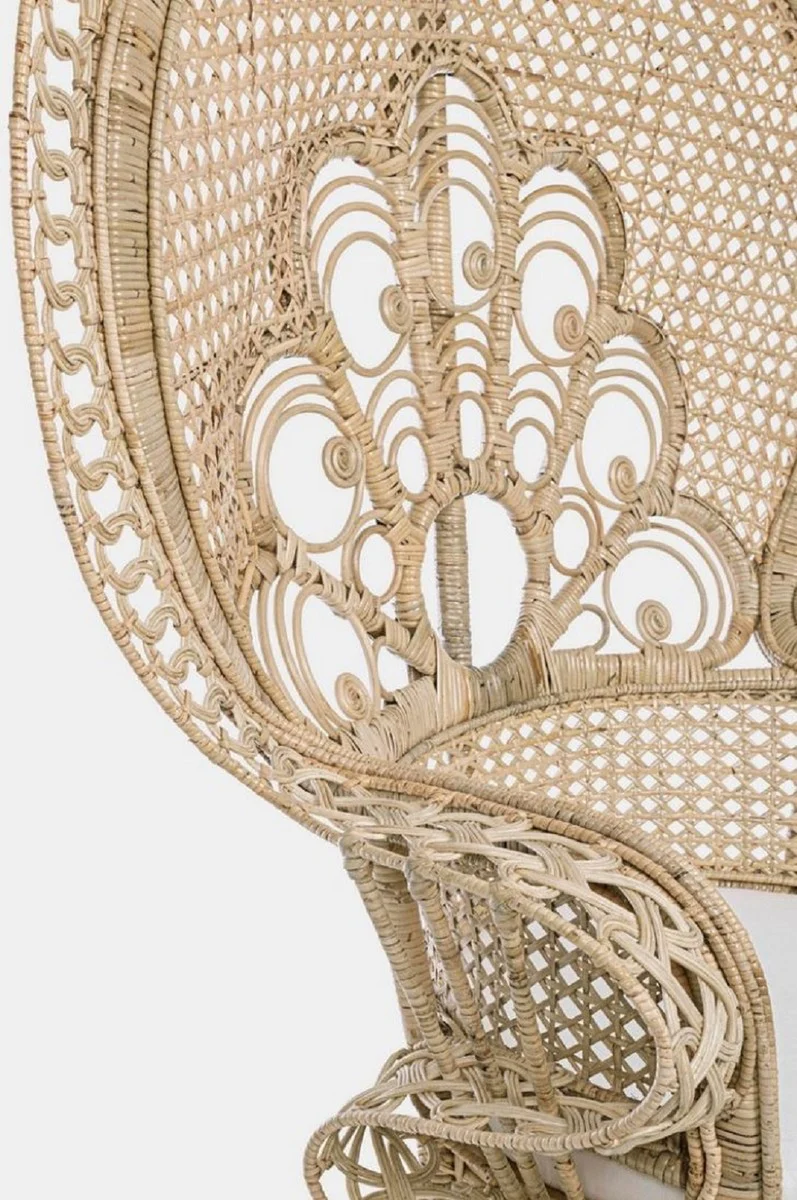 Luxury garden armchair natural color / white 106 x 71 x H. 148 cm - Vintage style rattan armchair with seat cushion - Vintage style rattan furniture - Garden & patio furniture