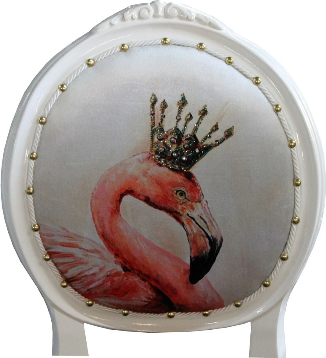 Luxury baroque dining room set flamingo with crown white / black / multicolored 48 x 50 x H. 98 cm - 6 handmade dining chairs with bling bling glitter stones - baroque dining room furniture