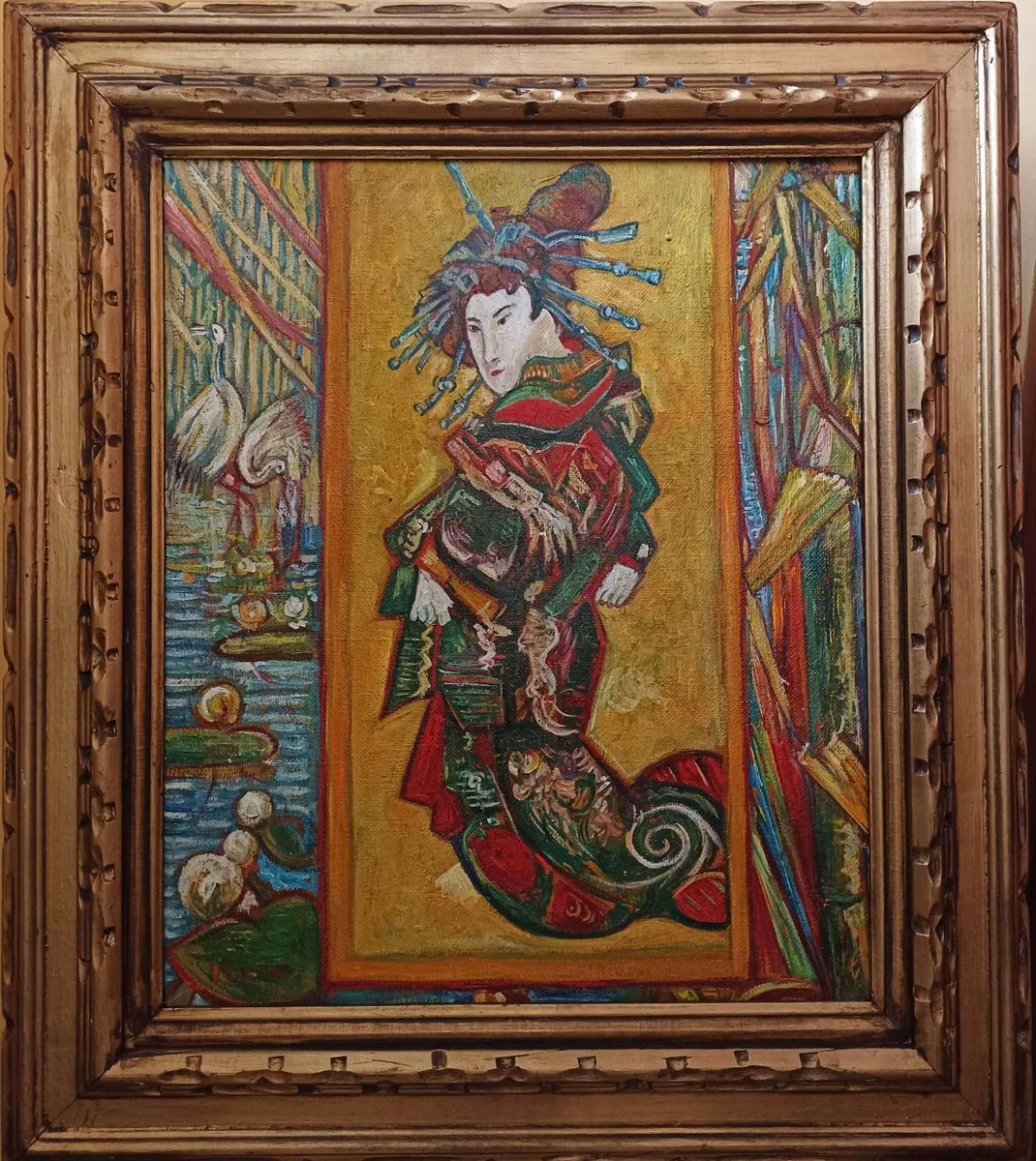 Vintage oil painting after Vincent van Gogh Cortesan Japanese Woman 83.5 x 73.5 cm - Authentic antique painting after the original - Hand painted