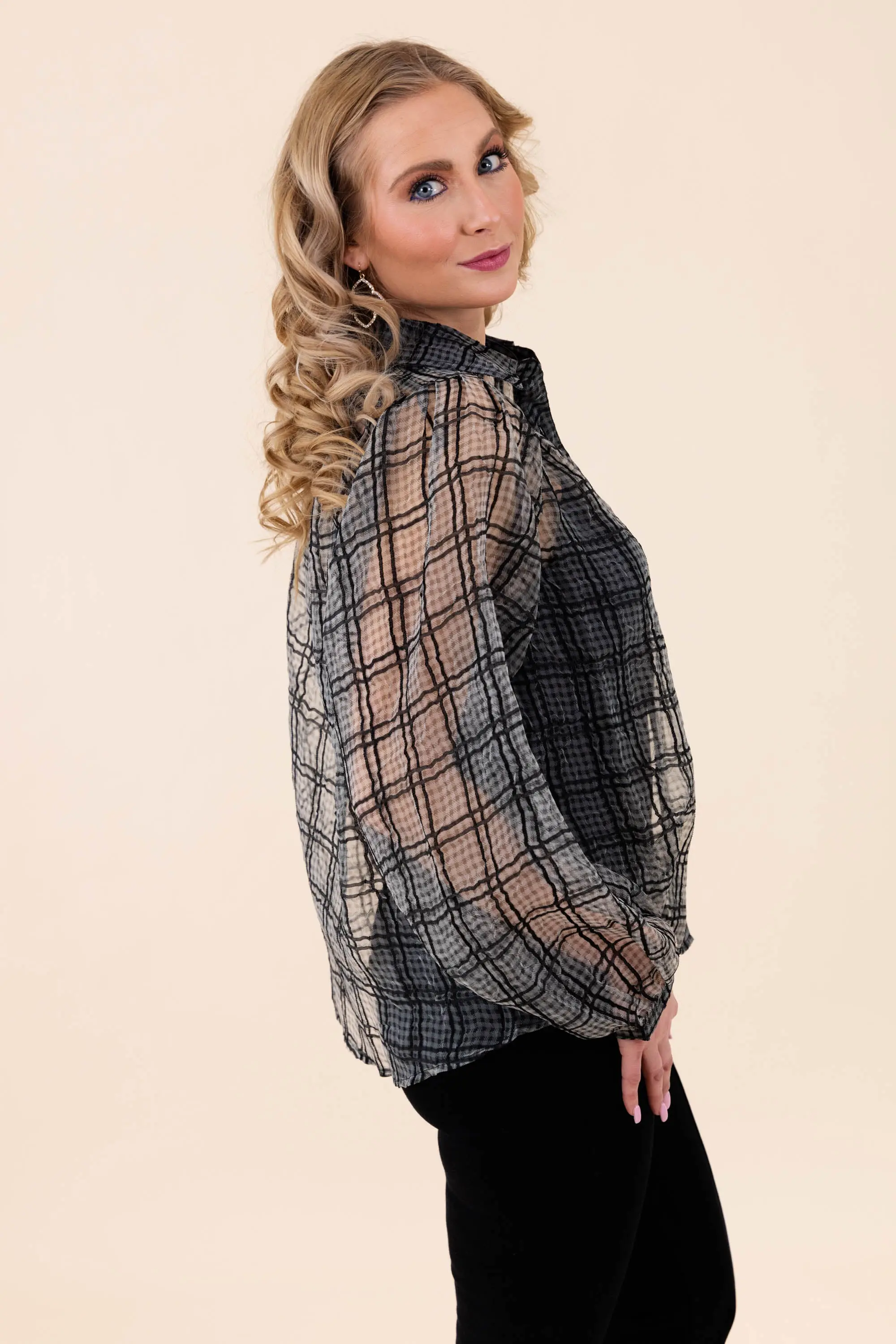Sheer Plaid Button-Up Blouse - ALJEGJ