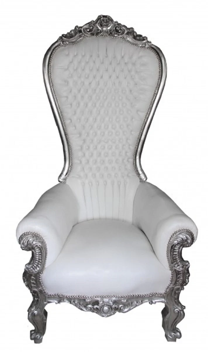 Baroque throne armchair with faux leather white / silver - Handmade royal armchair - Magnificent wedding armchair - Baroque giant armchair - Baroque furniture