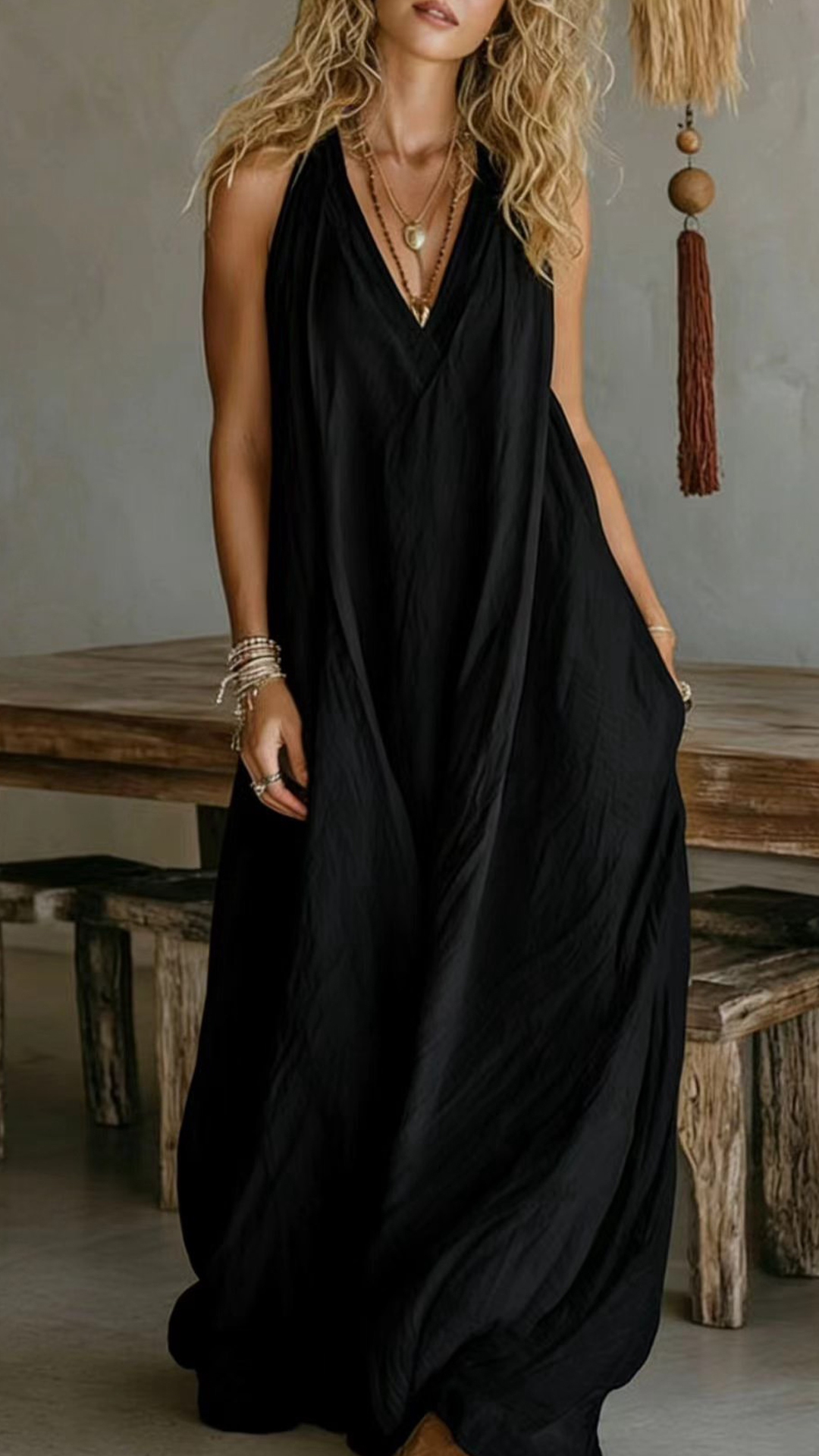 Women's Halter V-Neck Linen-Blend Maxi Dress - Nordfashionstorm - Women's Clothing, Fashion for You - Nordfashionstorm.com