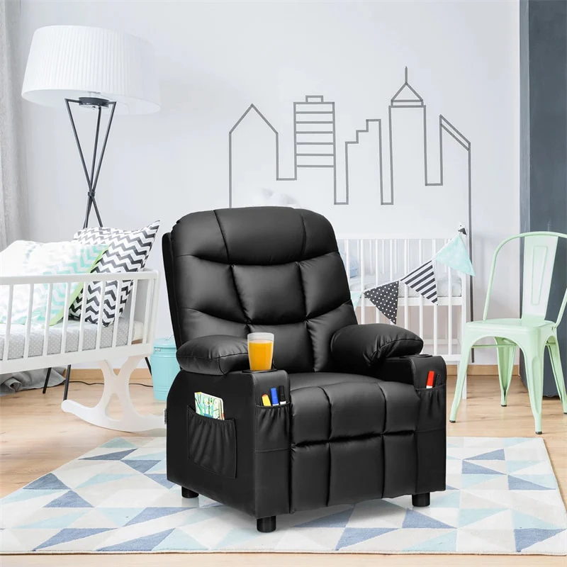Kids Recliner Chair PU Leather Adjustable Lounge Sofa with Cup Holder, 3 Pockets & Retractable Footrest, Ergonomic Toddler Furniture Sofa