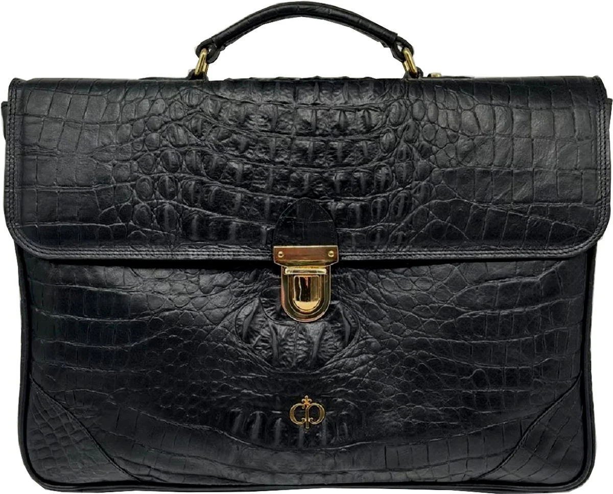 Luxury genuine leather men's briefcase in crocodile look black / gold 42 cm - Made in Italy