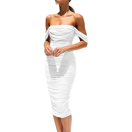 PrettyGarden Women's Summer Midi Dress Off Shoulder Ruched Bodycon Dresses Sleeveless Fitted Party Club Cocktail Womenswear