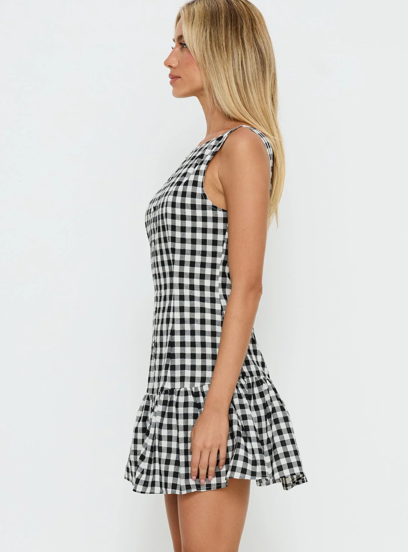 Kolbie Boat Neck Frill Mini Dress Black / White Check