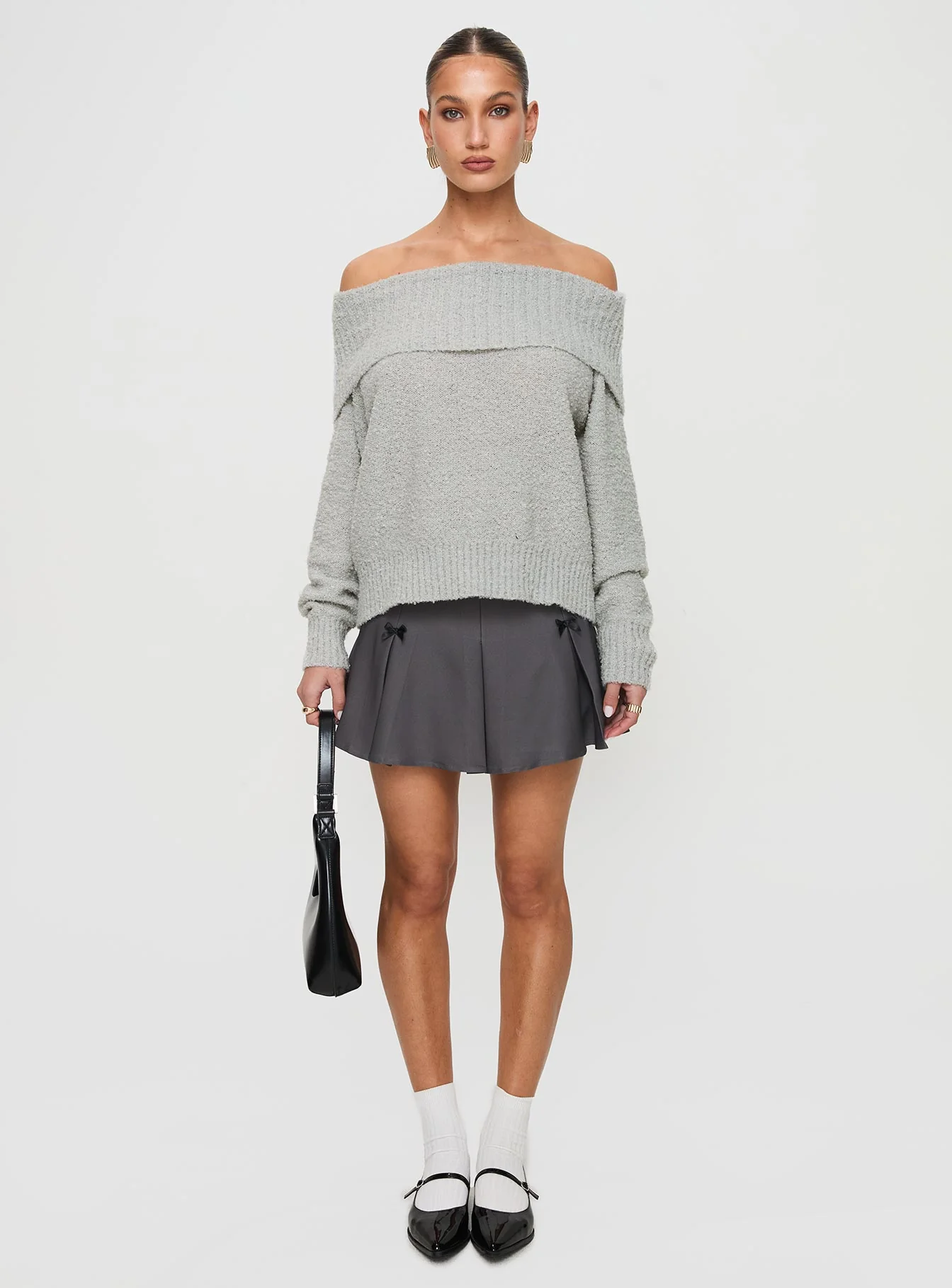 Parkley Boucle Off The Shoulder Sweater Grey Marle