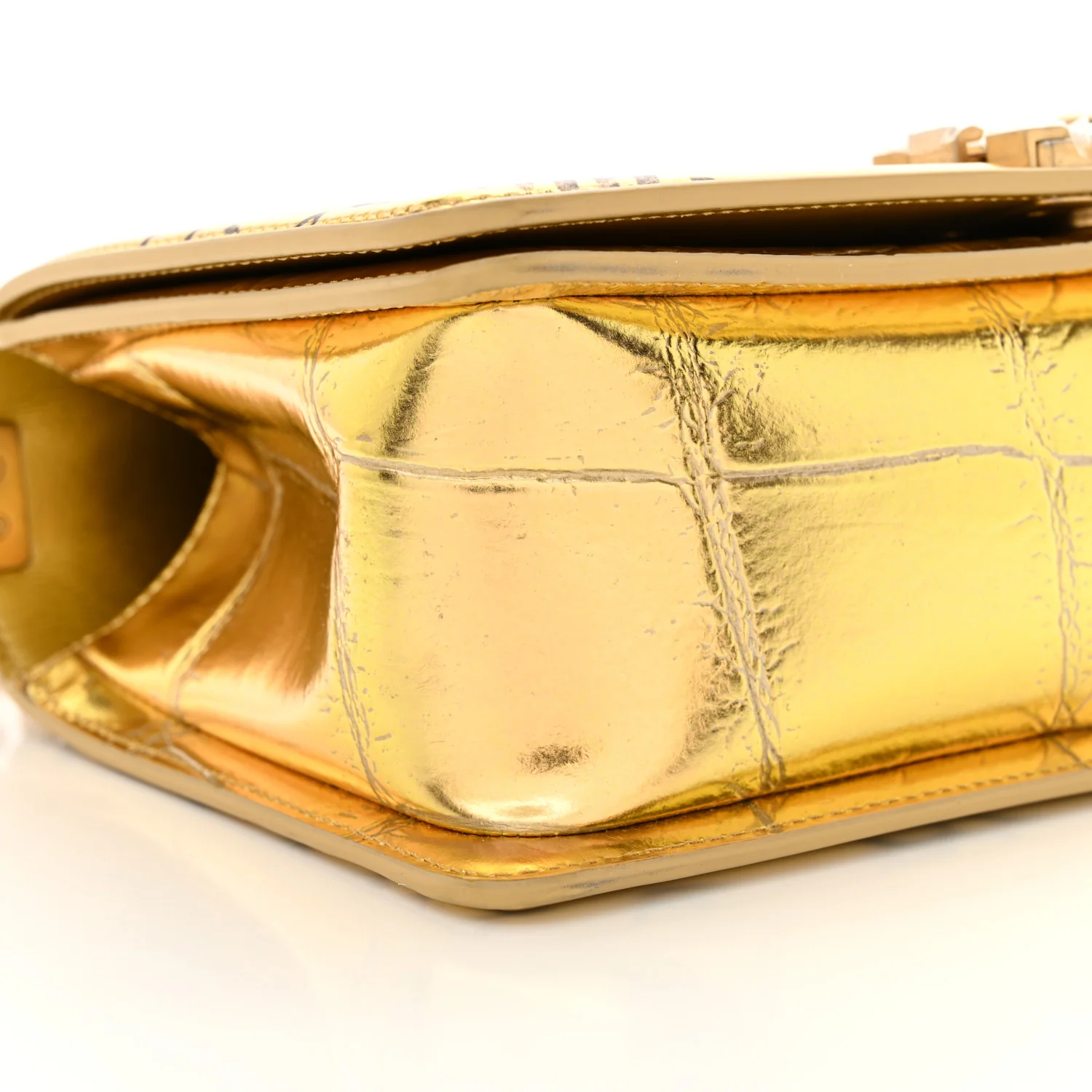 Metallic Calfskin Crocodile Embossed Graffiti Medium Cocodile Boy Flap Gold - Top Club