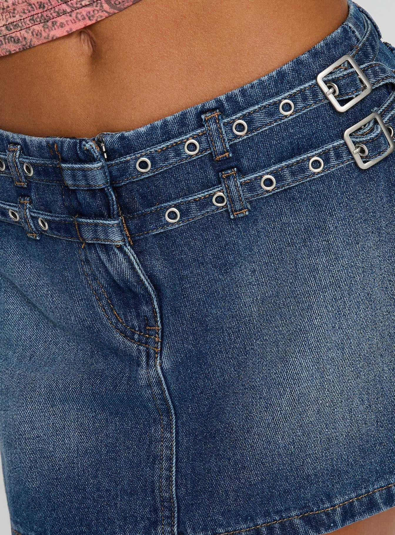 Baccarat Belted Denim Mini Skirt Mid Blue Wash