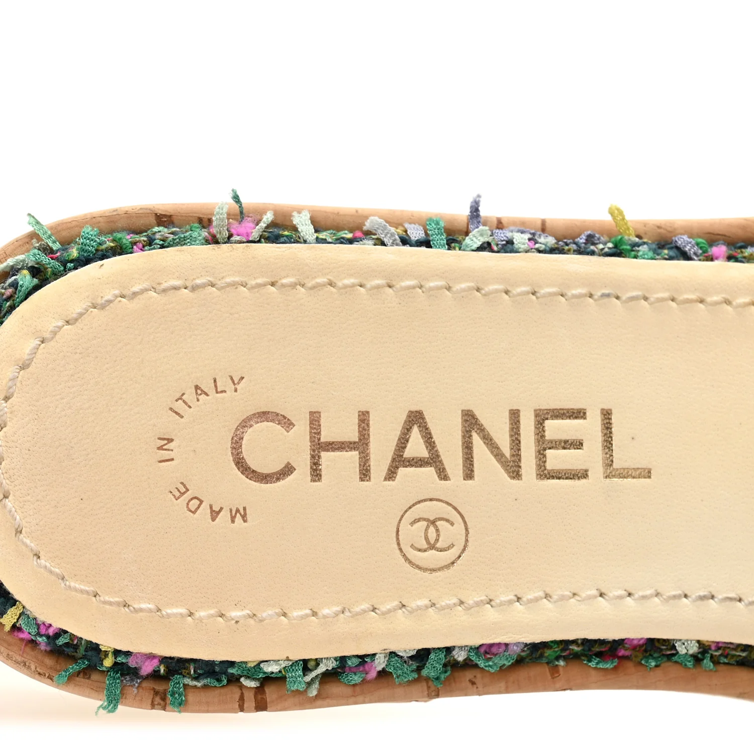 Tweed Cork CC Chain Mule Sandal 36.5 Green Multicolor - Top Club