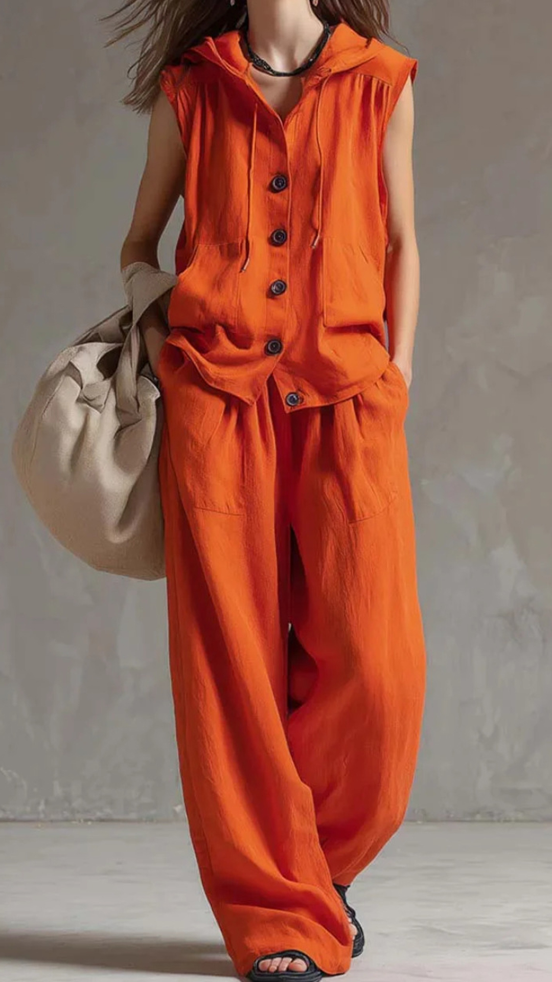 Women's Cotton-Blend Orange Hooded Sleeveless Vest & Wide-Leg Pants Set - Nordfashionstorm - Women's Clothing, Fashion for You - Nordfashionstorm.com