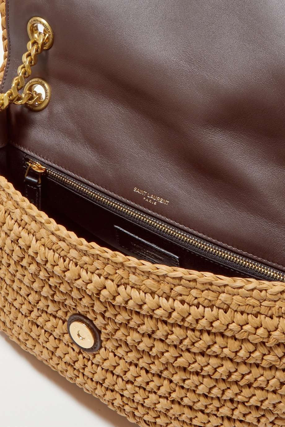 SAINT LAURENT Niki medium leather-trimmed raffia shoulder bag Cream - Top Club