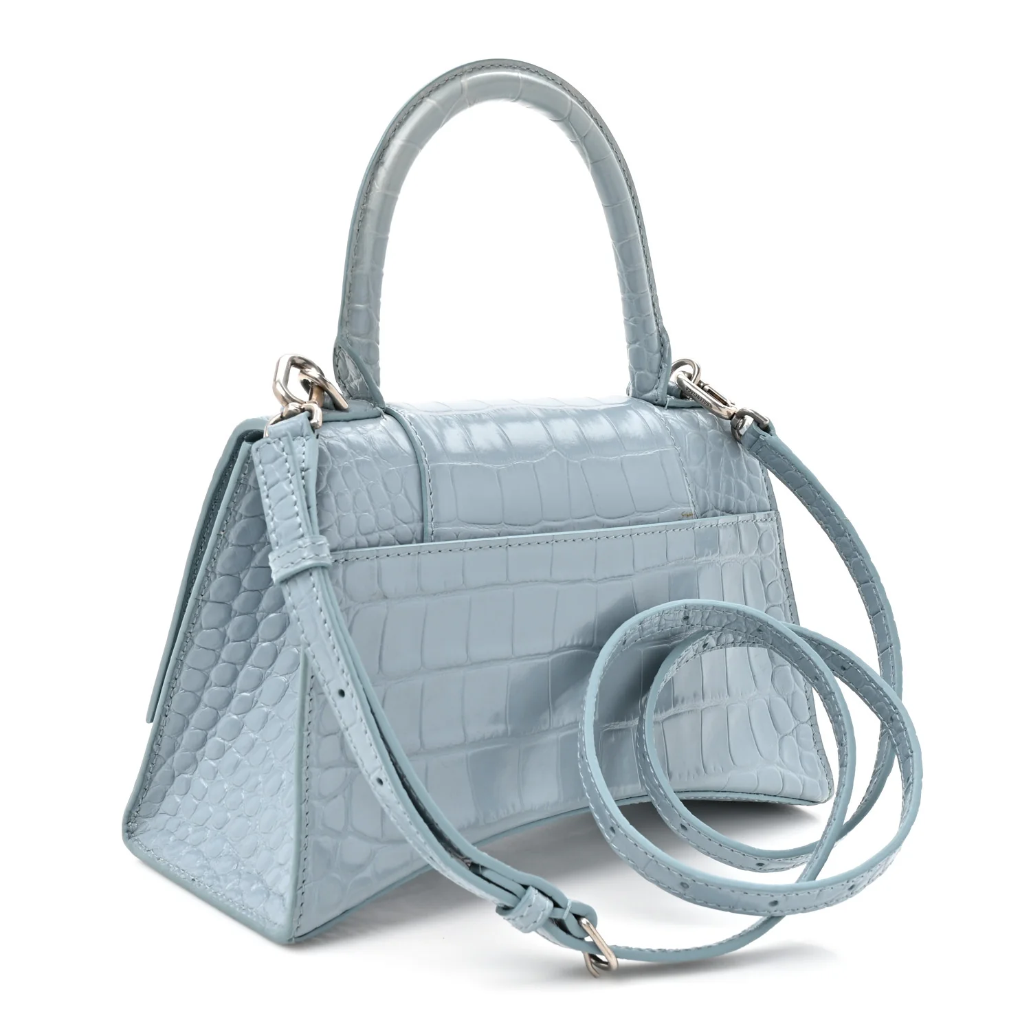 Shiny Calfskin Crocodile Embossed Small Hourglass Top Handle Bag Blue Grey - Top Club
