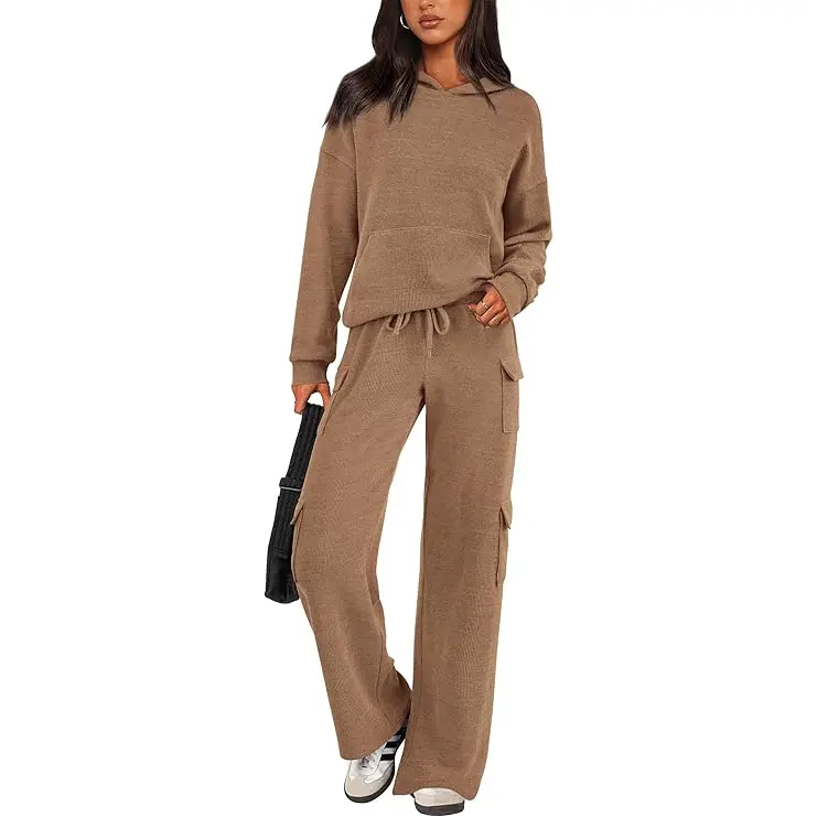 PRETTYGARDEN Women's Navy Blue 2-Piece Knitted Sets Hoodie & Wide Leg Pants with Pockets Drawstring Long Sleeve Loungewear Tracksuits Basic Fitted Clothes