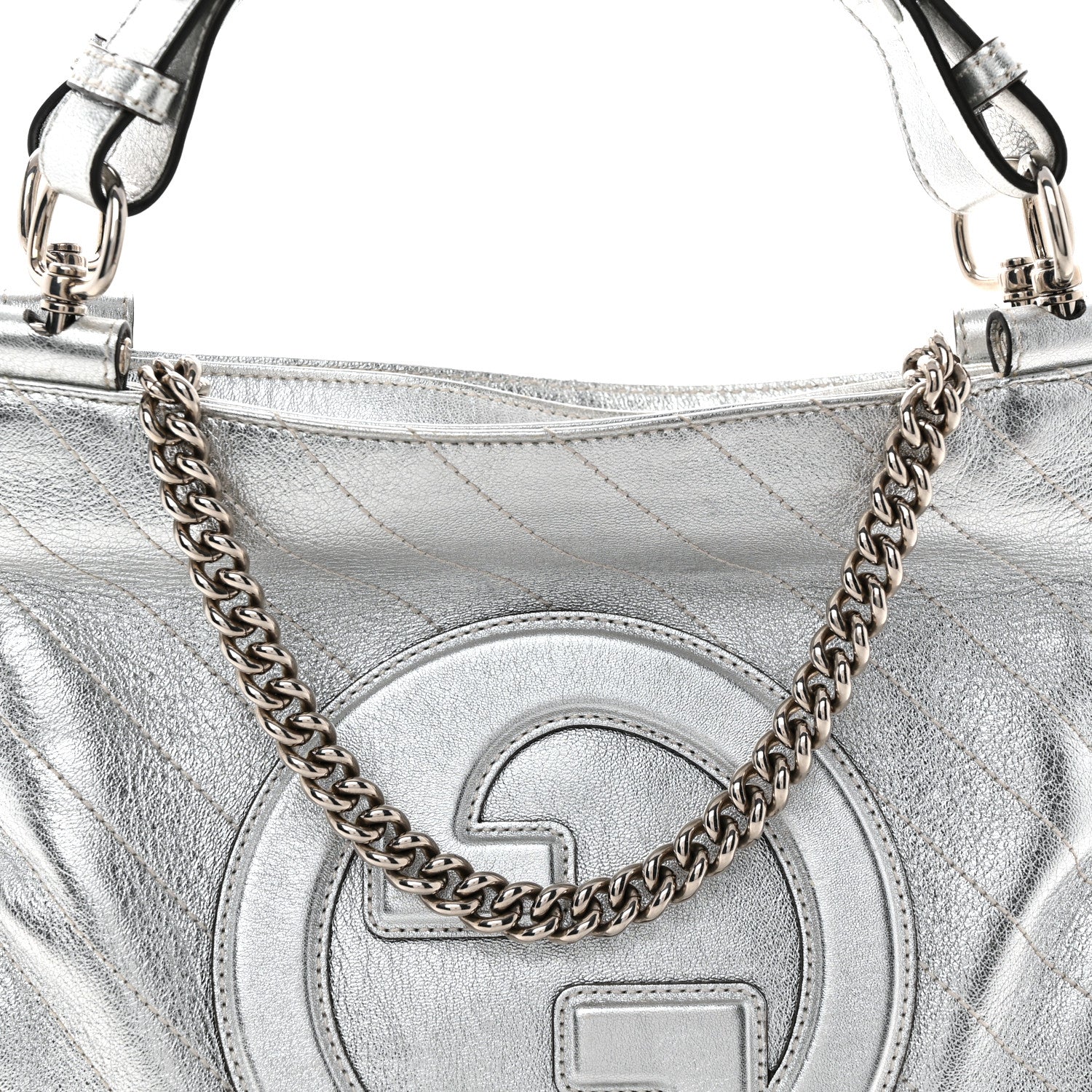 Sakai Be Green Calfskin Diagonal Stitched Small Blondie Tote Silver - Top Club